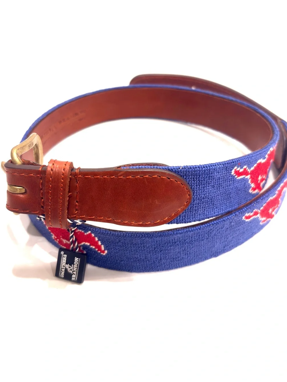 Smathers & Branson SMU Needlepoint Men's Belt 34 NEW Hand stitched